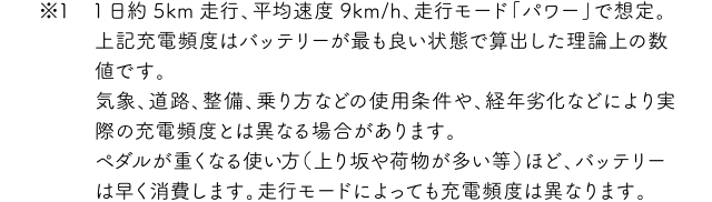 ※1　1日約5km走行、平均速度9km/h、走行モード「パワー」で想定。上記充電頻度はバッテリーが最も良い状態で算出した理論上の数値です。気象、道路、整備、乗り方などの使用条件や、経年劣化などにより実際の充電頻度とは異なる場合があります。ペダルが重くなる使い方（上り坂や荷物が多い等）ほど、バッテリーは早く消費します。走行モードによっても充電頻度は異なります。