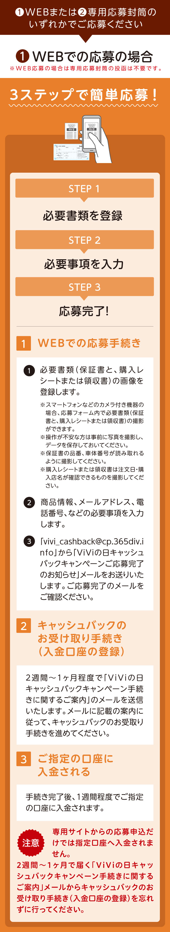 ①WEBまたは②専用応募封筒のいずれかでご応募ください ①WEBでの応募の場合「3ステップで簡単応募！」※WEB応募の場合は専用応募封筒の投函は不要です。