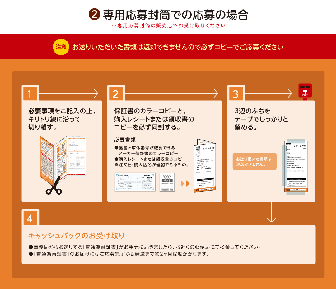  ②専用応募封筒での応募の場合「注意！お送りいただいた書類は返却できませんので必ずコピーでご応募ください」 ※専用応募封筒は販売店でお受け取りください