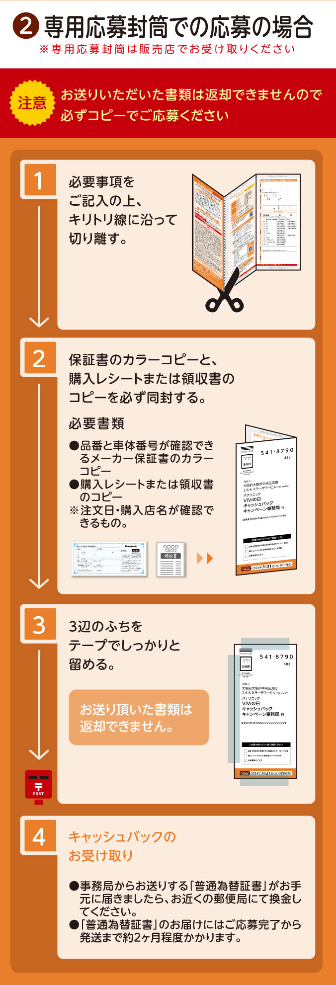  ②専用応募封筒での応募の場合「注意！お送りいただいた書類は返却できませんので必ずコピーでご応募ください」 ※専用応募封筒は販売店でお受け取りください