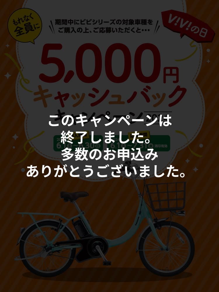 キャッシュバックキャンペーン 期間中にビビシリーズの対象車種をご購入の上応募いただくと…もれなく全員に5,000円 CASHBACK